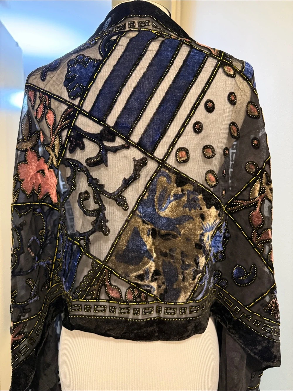 Black Velvet-Trim Embroidered Floral Shawl Scarf